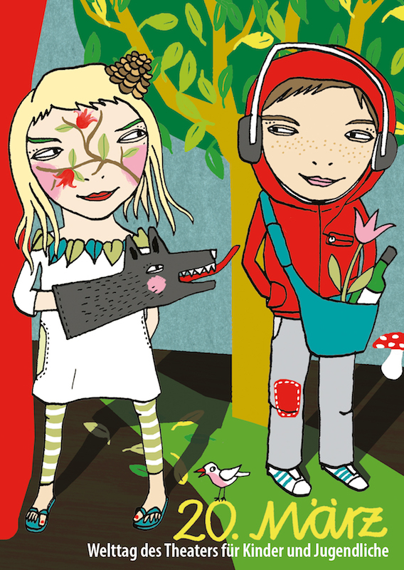 Welttag des Theaters für junges Publikum, Illustration von zwei Jugendlichen mit Theater-Handpuppen