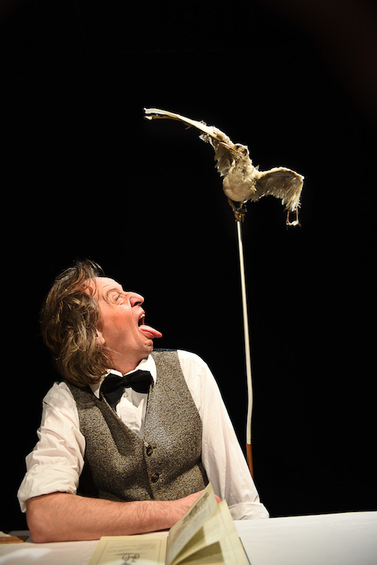 Das große Giggler-Geheimnis, Schauspieler Christof Lappler streckt ausgestopftem Vogel über ihm die Zunge raus